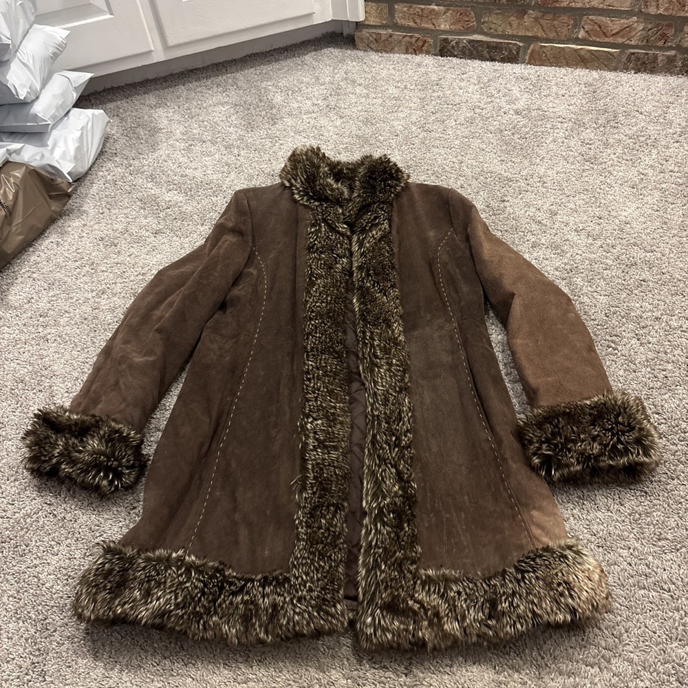 VINTAGE Massini Penny Lane Style Jacket Suede Leather Large Fur Trim And Cuffs